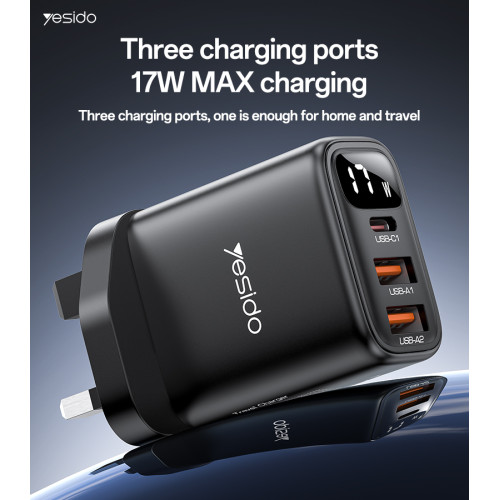 YC86 Three Charging Ports 17W MAX Charging Smart Digital Display UK Digital Fast Charger