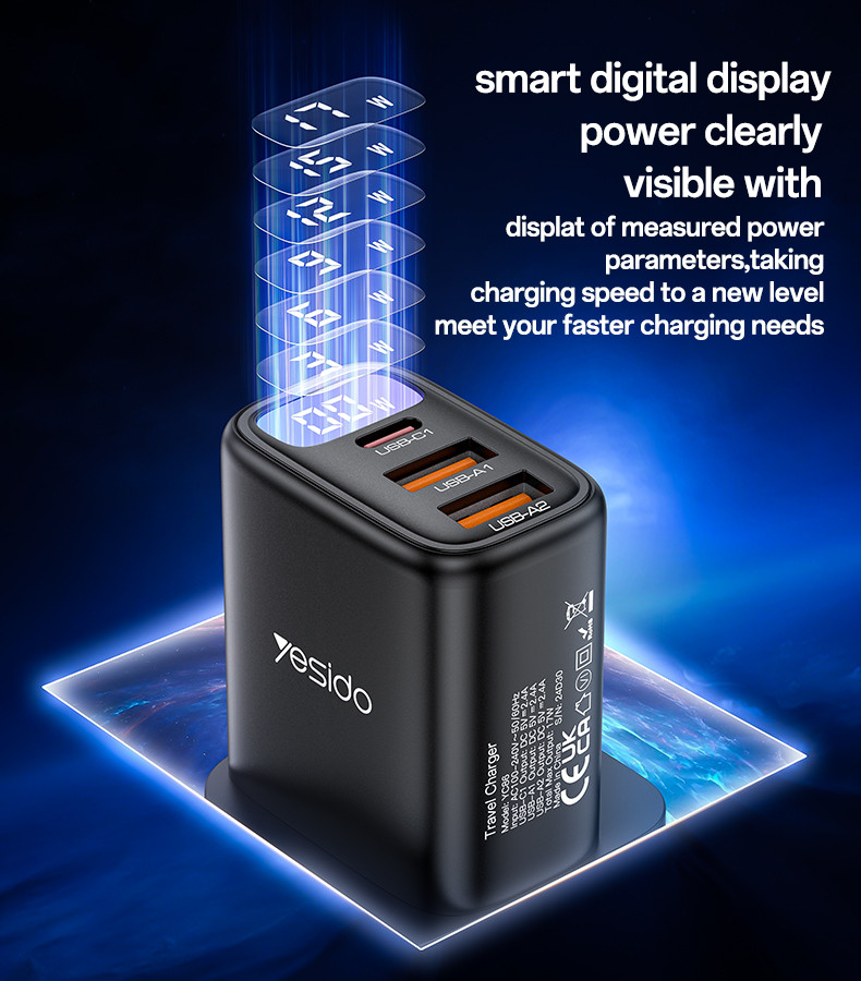 YC86 UK 17W Power Display Wall Charger(2*USB+Type-C Port) Details