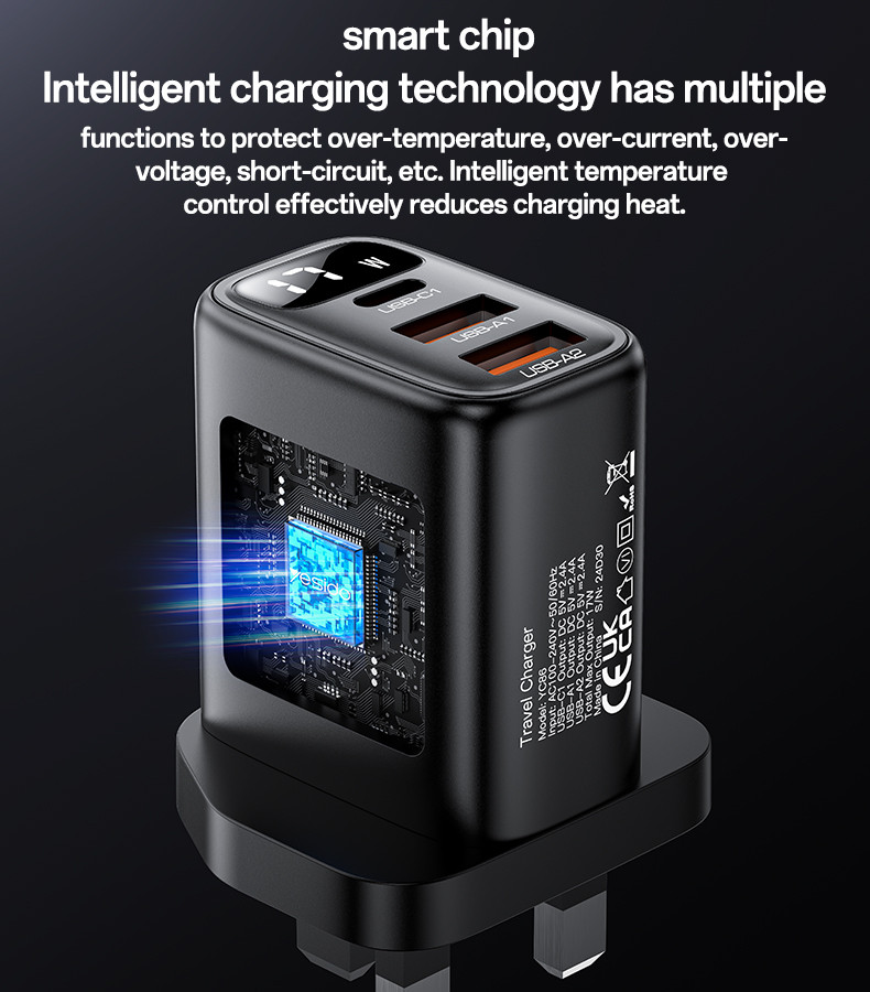 YC86 UK 17W Power Display Wall Charger(2*USB+Type-C Port) Details