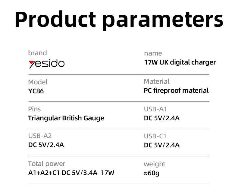 YC86 UK 17W Power Display Wall Charger(2*USB+Type-C Port) Parameter