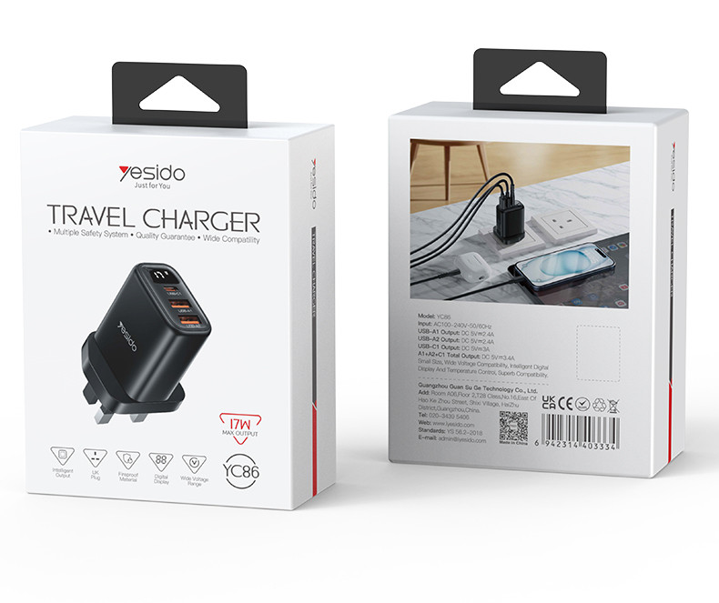 YC86 UK 17W Power Display Wall Charger(2*USB+Type-C Port) Packaging