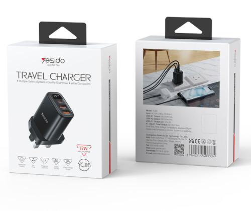 YC86 Three Charging Ports 17W MAX Charging Smart Digital Display UK Digital Fast Charger