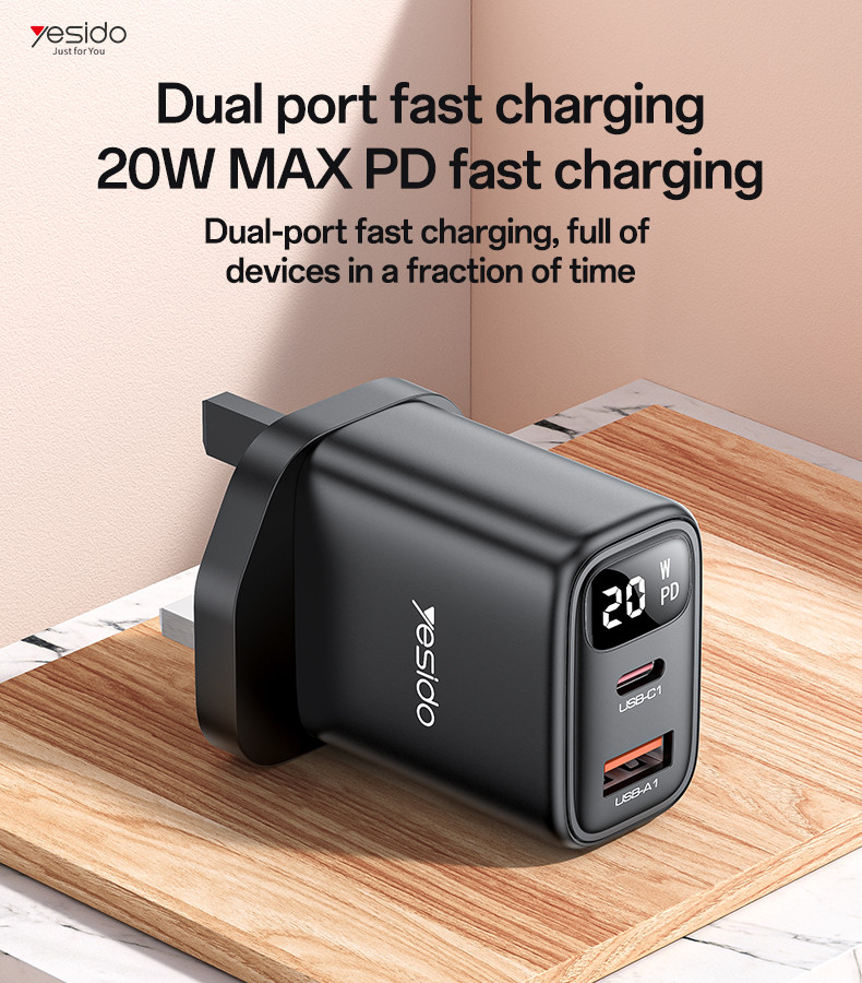 YC87 UK 20W Power Display Fast Charging Wall Charger(USB+Type-C Port)