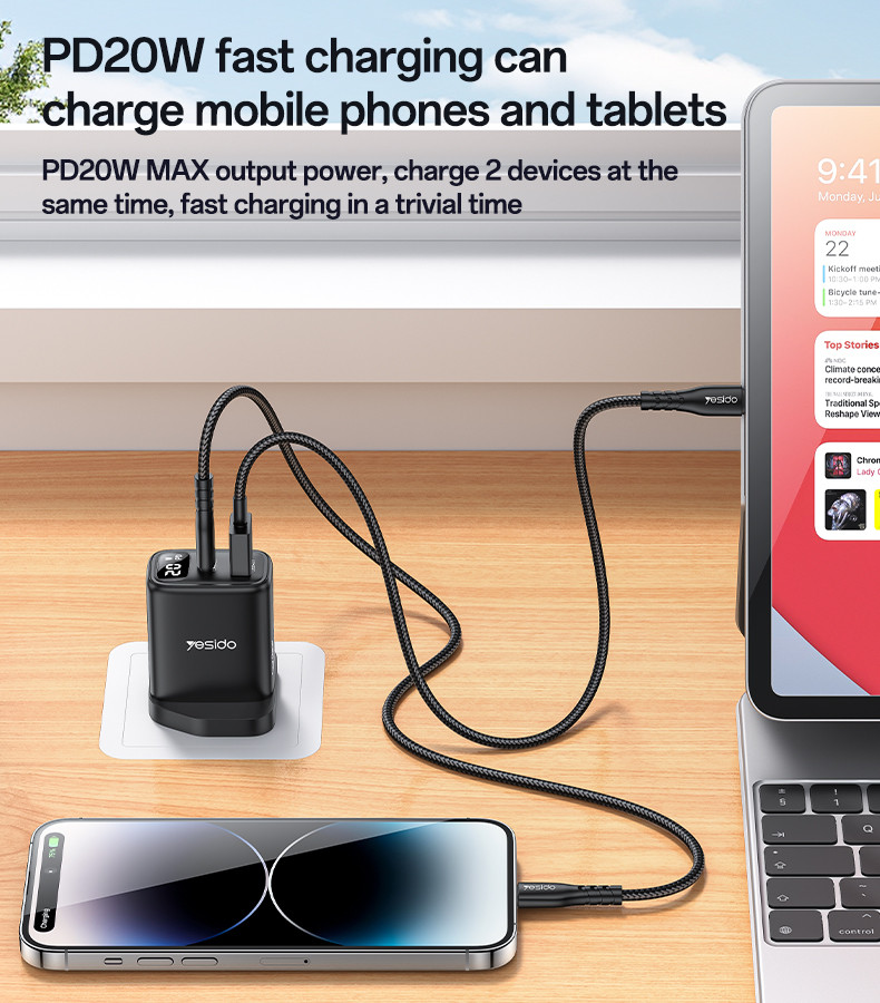 YC87 UK 20W Power Display Fast Charging Wall Charger(USB+Type-C Port) Details