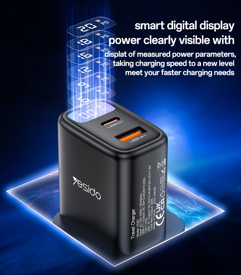 YC87 UK 20W Power Display Fast Charging Wall Charger(USB+Type-C Port) Details