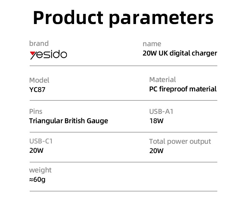 YC87 UK 20W Power Display Fast Charging Wall Charger(USB+Type-C Port) Parameter