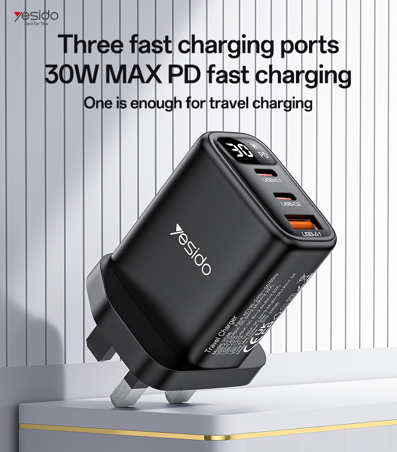 YC88 UK 20W Power Display Fast Charging Wall Charger(USB+2*Type-C Port)