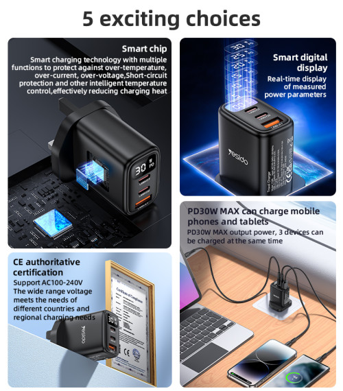 YC88 PD 30W Fast Charging 2*TC & USB Three Ports Smart Digital Display UK Standard Fast Charger