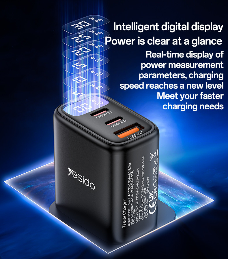 YC88 UK 20W Power Display Fast Charging Wall Charger(USB+2*Type-C Port) Details