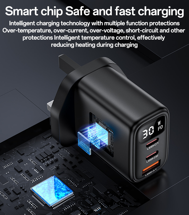 YC88 UK 20W Power Display Fast Charging Wall Charger(USB+2*Type-C Port) Details