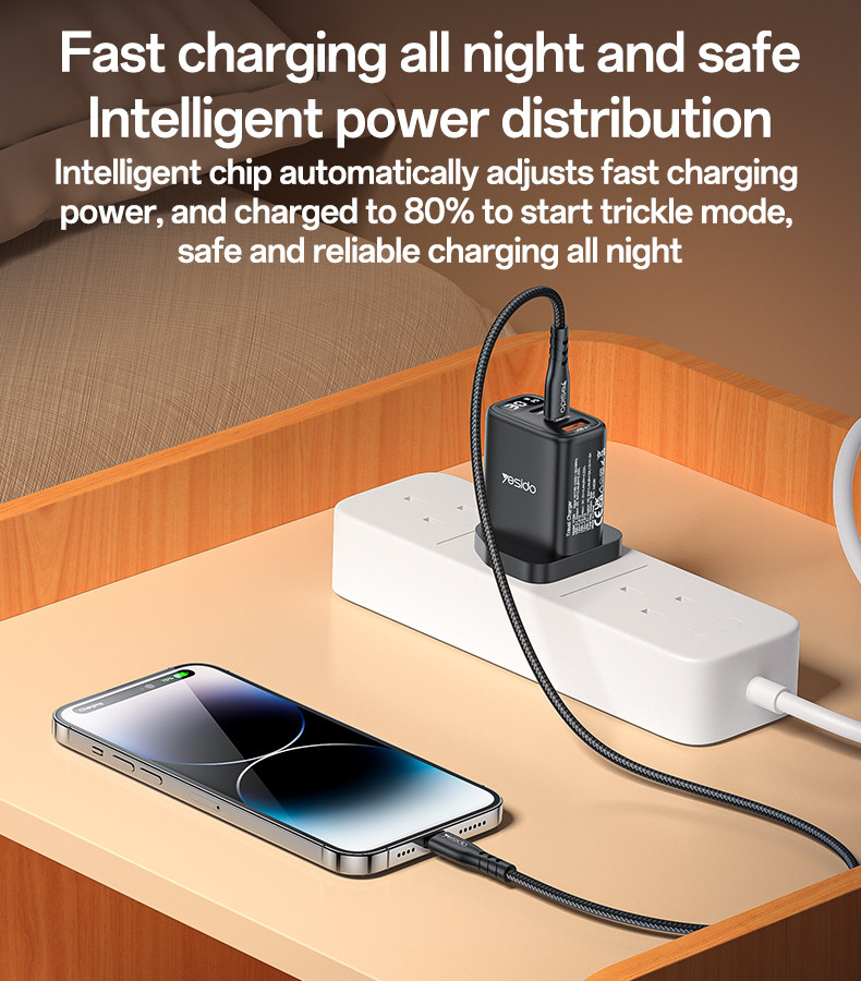 YC88 UK 20W Power Display Fast Charging Wall Charger(USB+2*Type-C Port) Details