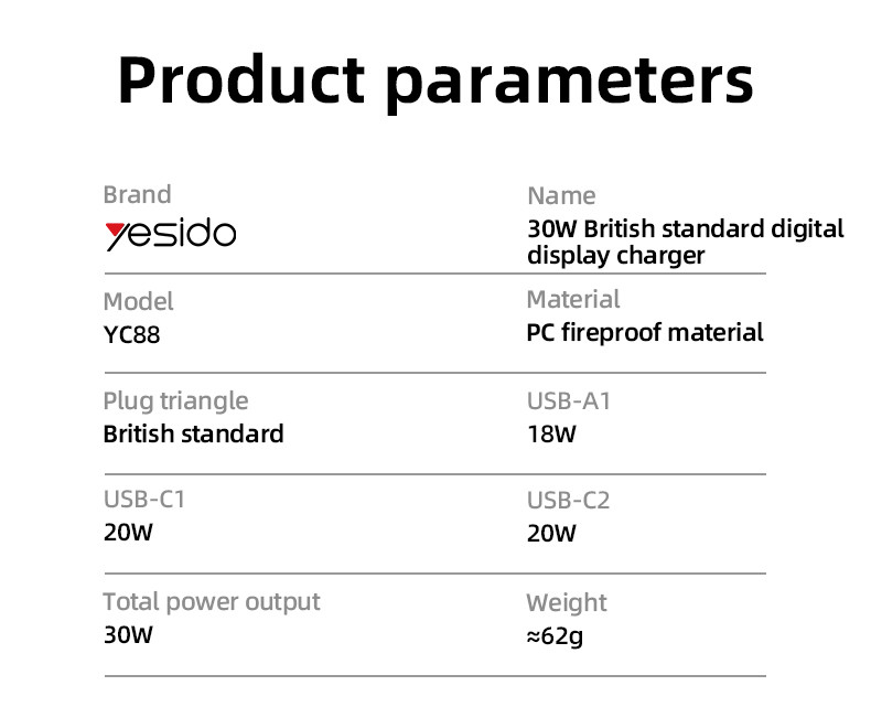 YC88 UK 20W Power Display Fast Charging Wall Charger(USB+2*Type-C Port) Parameter