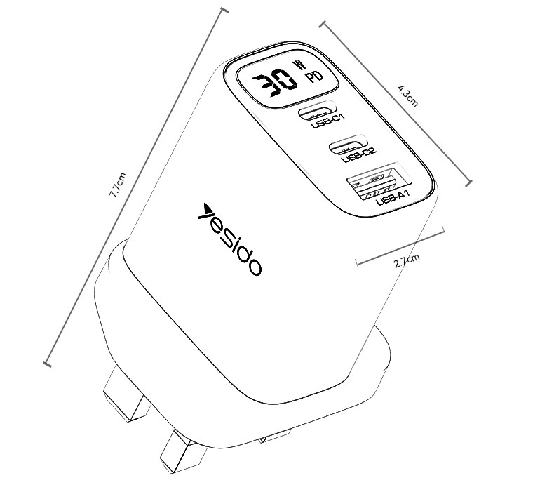 YC88 UK 20W Power Display Fast Charging Wall Charger(USB+2*Type-C Port) Details