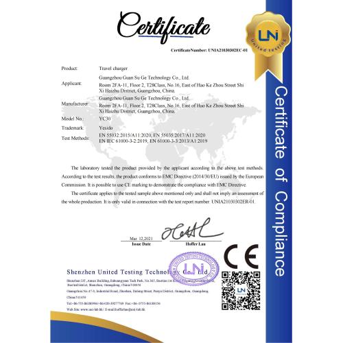 CE for Travel charger UNIA21030302EC-01