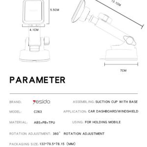 C263 360 Rotating Base Strong Suction Cup Telescopic Clamp Arm Design Car Magnetic Phone Holder