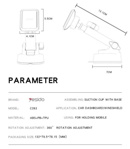 C263 360 Rotating Base Strong Suction Cup Telescopic Clamp Arm Design Car Magnetic Phone Holder