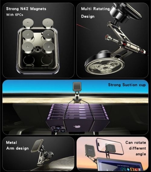 C264 Zinc Alloy 6Pcs Magnets Strong Rotating Arm Multi-angle Magnetic Phone Holder