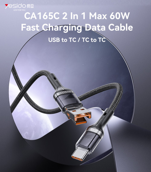 CA165C 2 in 1 60W Fast Charging High-density Braided Body USB/Type-C To Type-C Data Cable