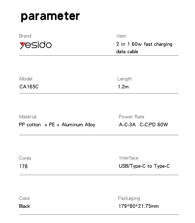 CA165C 60W USB/Type-C To Type-C Data Cable Parameter