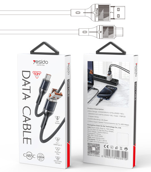 CA165C 2 in 1 60W Fast Charging High-density Braided Body USB/Type-C To Type-C Data Cable