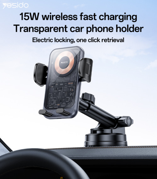 C307 360 Rotation Electric Locking 15W Wireless Fast Charging Transparent Car Phone Holder