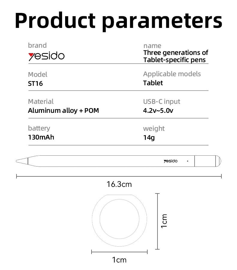 Yesido ST16 For IP Tablet Only Active Stylus Pen Parameter