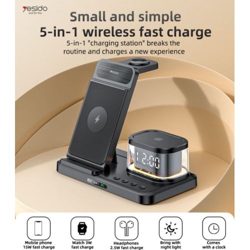 DS22 5-in-1 15W Fast Charging Double Angle Adjustment Triple Cooling Design Clock Wireless Charger