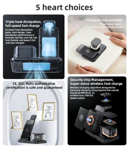 DS23 5-in-1 15W Fast Charging Double Angle Adjustment Triple Cooling Design Clock Wireless Charger