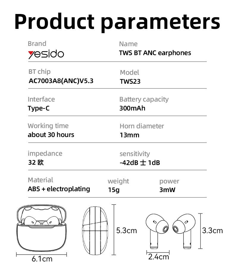 TWS23 ANC Active Noice Cancelling Wireless BT Earphone Parameter