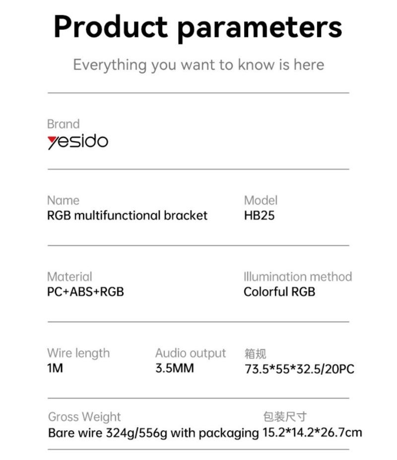 HB25 USB Hub with RGB Multifunctional Bracket Parameter