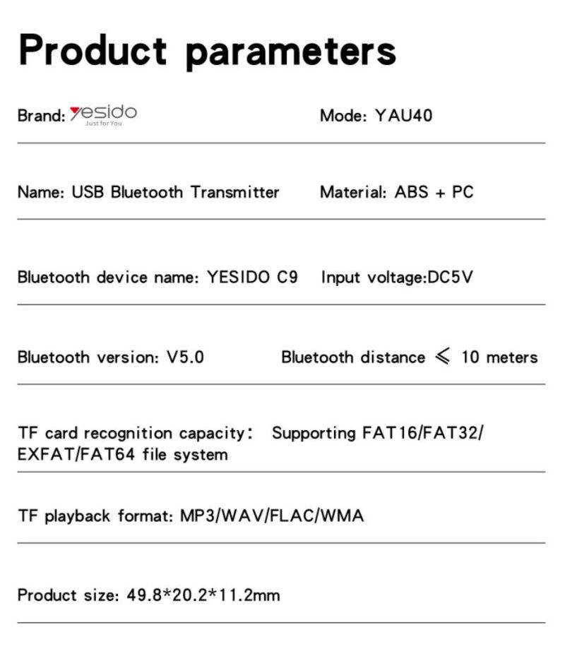 YAU40 Bluetooth To 3.5mm AUX Adapter Parameter