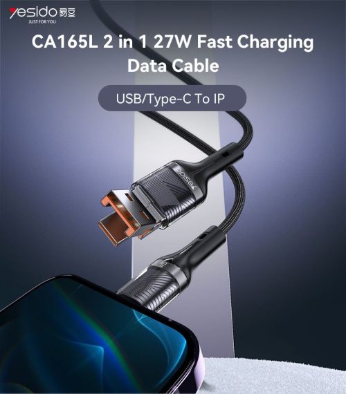 CA165L 2 in 1 27W Fast Charging High-density Braided Body USB/Type-C To IP Data Cable