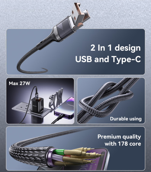 CA165L 2 in 1 27W Fast Charging High-density Braided Body USB/Type-C To IP Data Cable