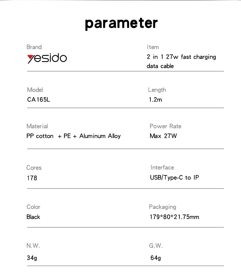 CA165L 27W/12W USB/Type-C To IP Data Cable Parameter