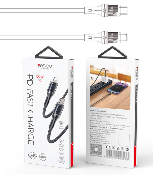 CA167 PD 27W Fast Charging Transparent Flip With Built-in Storage Velcro Type-C To IP Data Cable