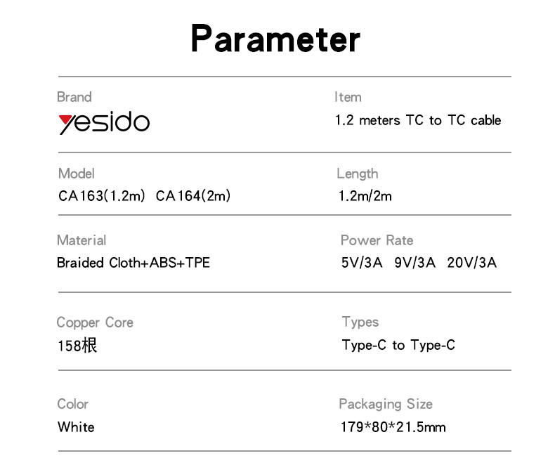 CA164 TC To TC 60W For IOS and Android Data Cable Parameter