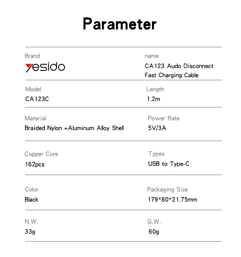 CA123C USB To TC 27W Auto Disconnecting Charging Data Cable Parameter