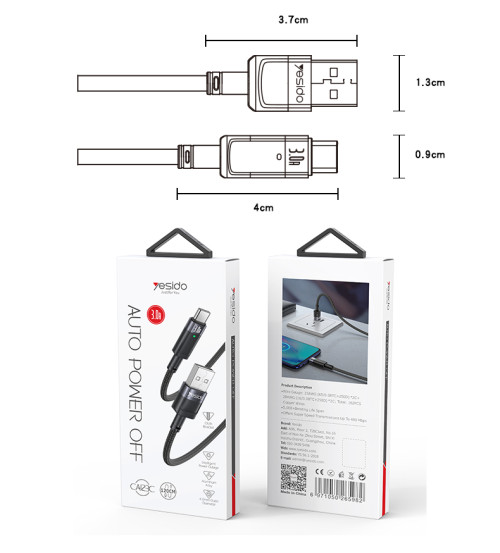 CA123C 1.2 Meter Braided High-tenacity 27W Auto Disconnect Fast Charging USB To Type-C Data Cable