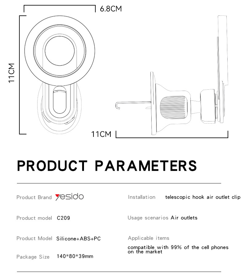 C209 Magnetic Air Vent Phone Holder Parameter