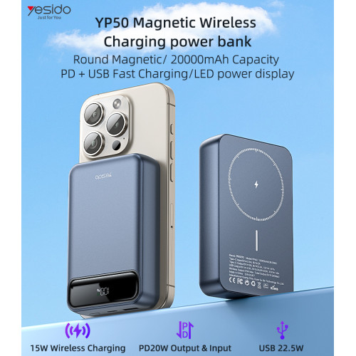 YP50 PD+ USB 35W Fast Charging LED Power Display 20000mAh Magnetic Wireless Charging Power Bank