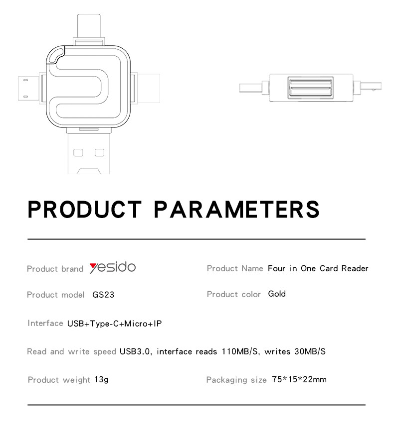 GS23 4 IN 1 Card Reader OTG Adapter Parameter