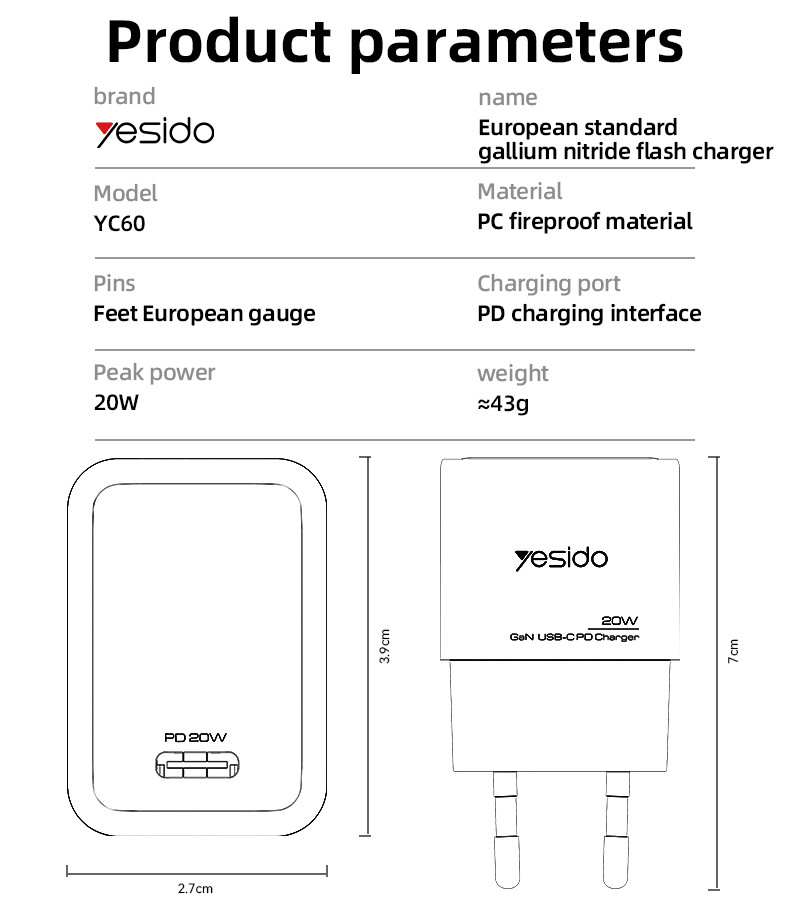 YC60 EU 20W GaN Fast Charging Wall Charger(Type-C Port) Parameter