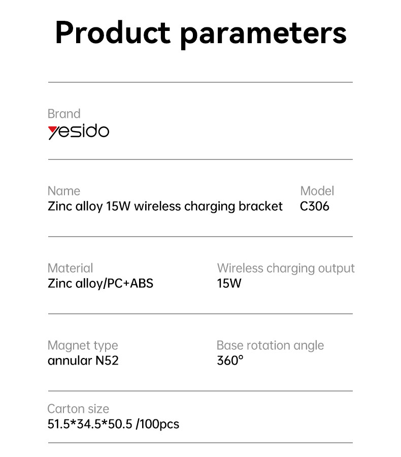 C306 15W Magnetic Magsaging Wireless Charging Phone Holder Parameter