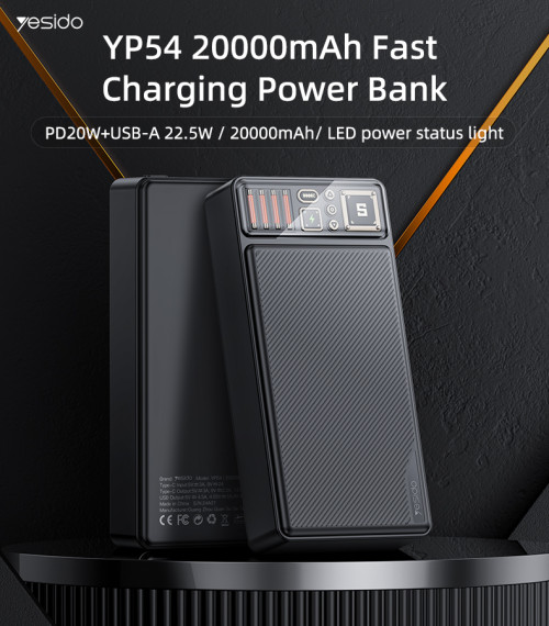 YP54 PD 20W + USB-A 22.5W Fast Charging LED Power Status Light Anti-slip Texture 20000mAh Power Bank