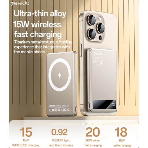YP66 5000mAh 15W Wireless Fast Charging Digital Display Power Aluminum Alloy Magnetic Power Bank