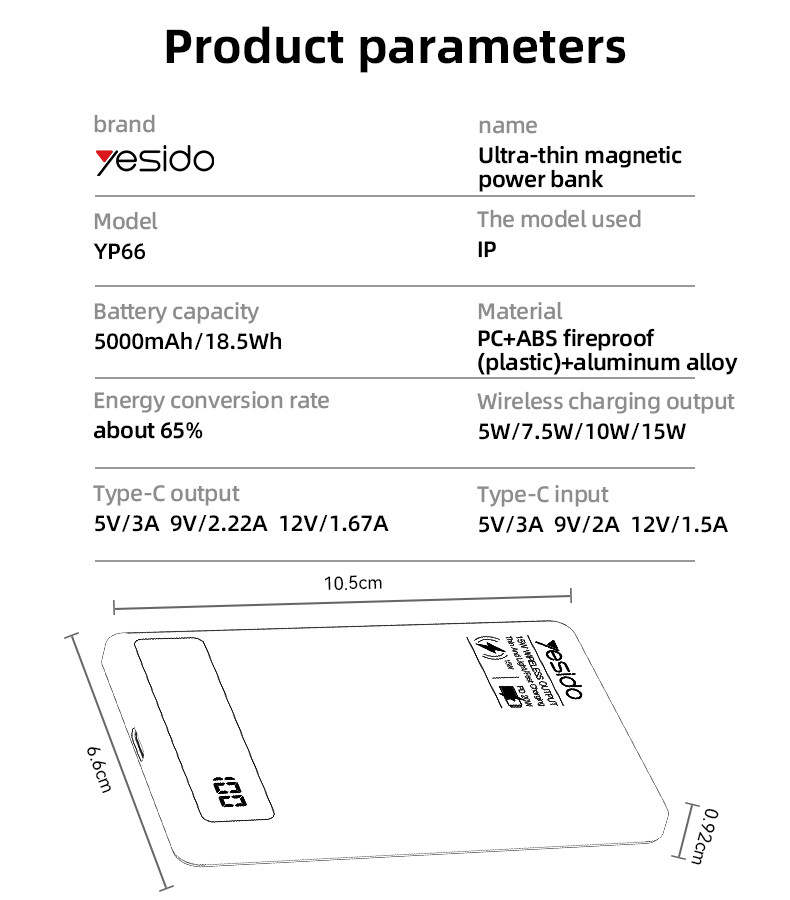 YESIDO YP66 5000mAh Ultra Slim Power Bank Parameter