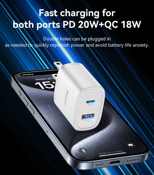 YC48U Multiple Protection PD20W + QC18W USB-C & USB Dual Port Fast Charging US Spec Charger