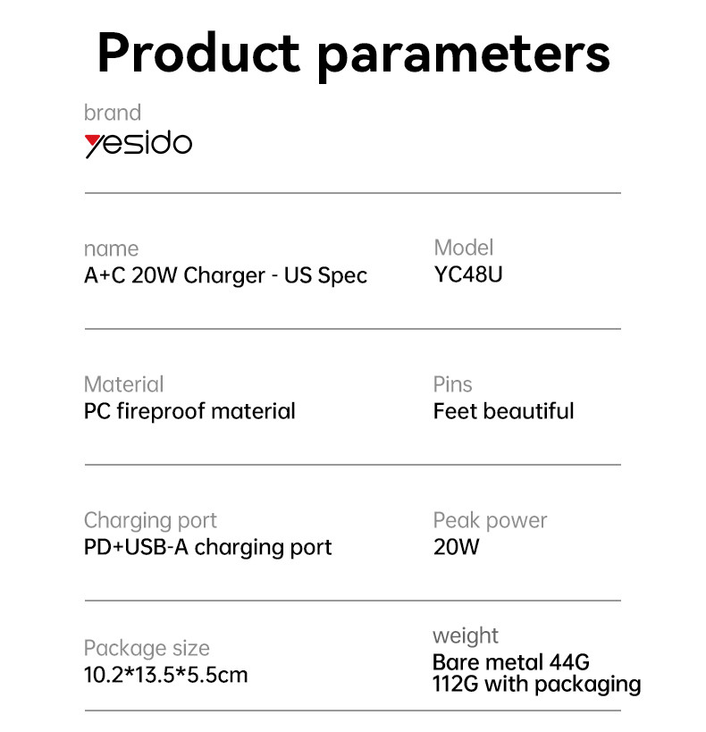 YC48U PD 20W US Spec Charger (USB+TC) Parameter