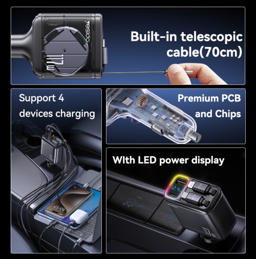 Y63 117W LED Power Display With Telescopic Cable USB & TC Ports Fast Charging Car Charger