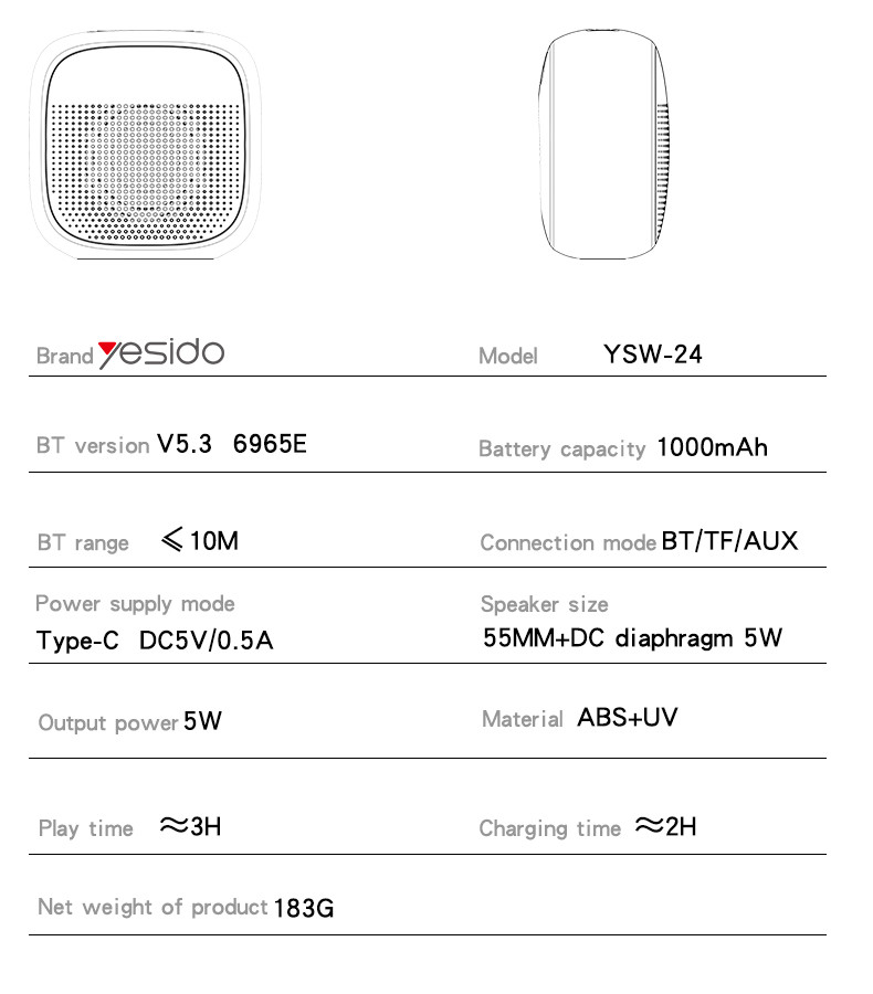 Yesido YSW24 Mini Portable Wireless Speaker Parameter